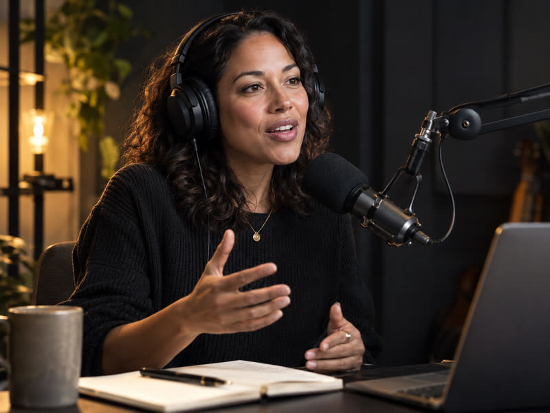 A host speaking into a studio microphone (illustrative photo)